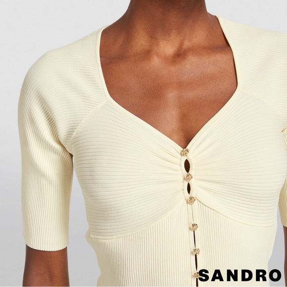 Sandro **NWT** 'Cecilia' Rose Button Short Sleeve Ribbed Knit Cardigan in white - Picture 3 of 10